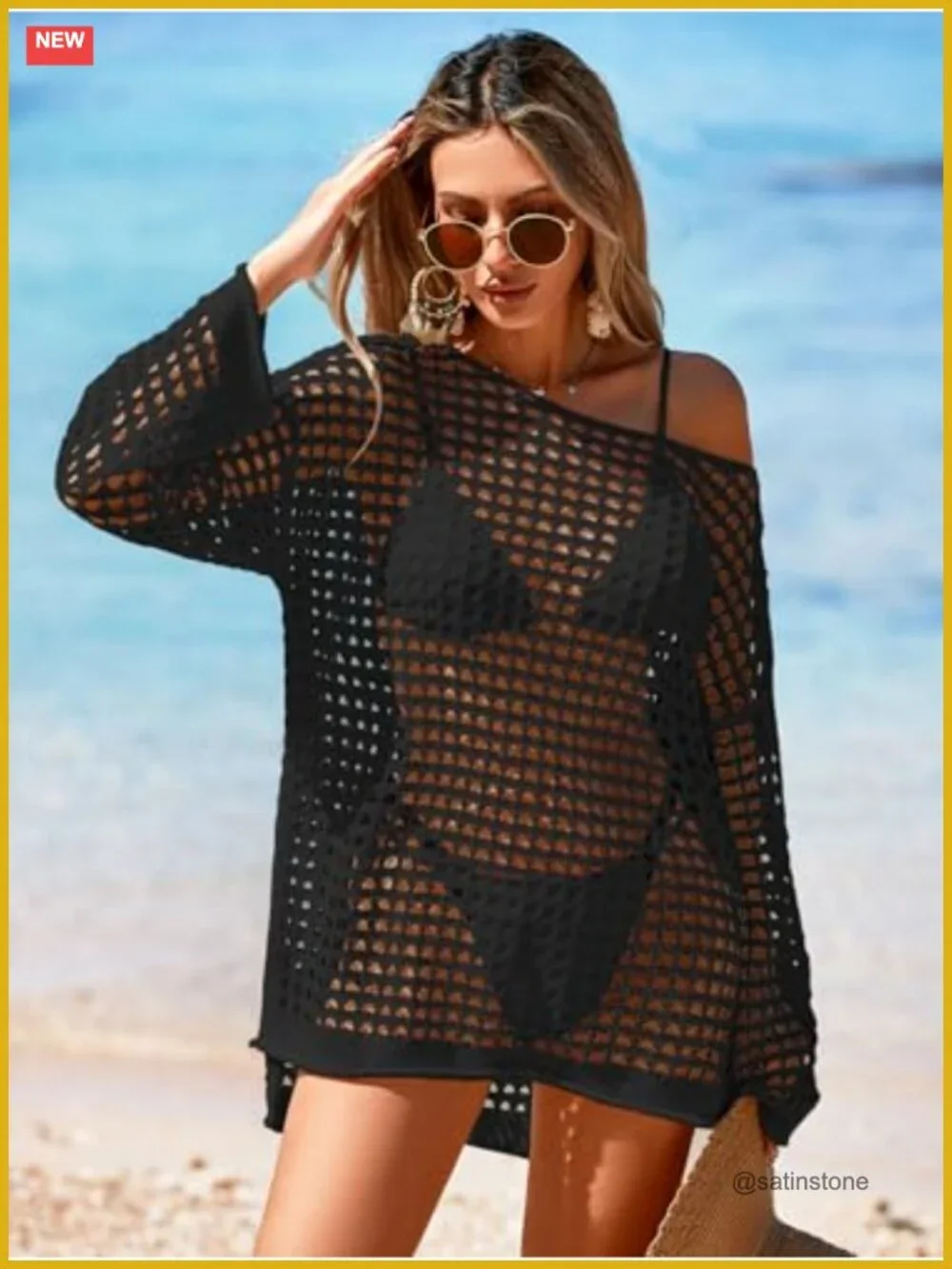 Oversized Long Sleeve Crochet Mesh Swimsuit Cover Up Mini Dress